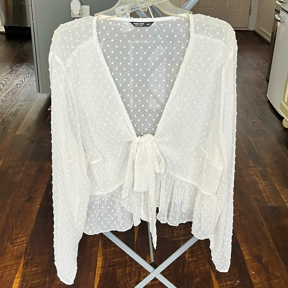 Sheer, white, crop top blouse that ties in the front